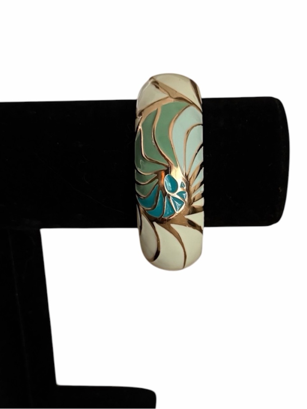 Sequin Enamel Clamper Bracelet | Gold Tone Mint Green &  Aqua Hinged Cuff